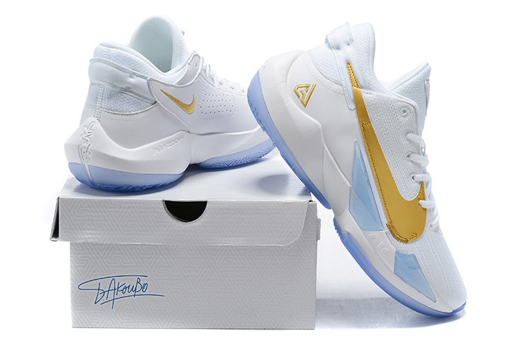 2020 Men Nike Zoom Freak II White Gold Blue Basketball Shoes